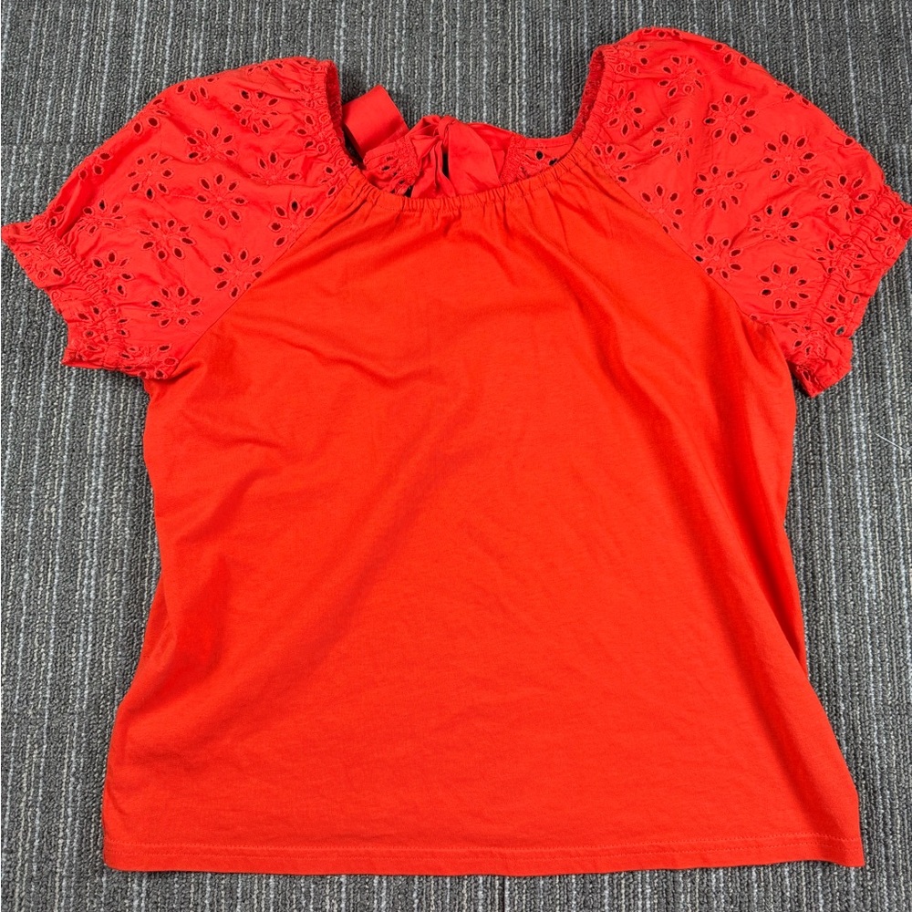 J. Crew Bright Orange Eyelet Sleeve Blouse with Bow Tie detail in the back